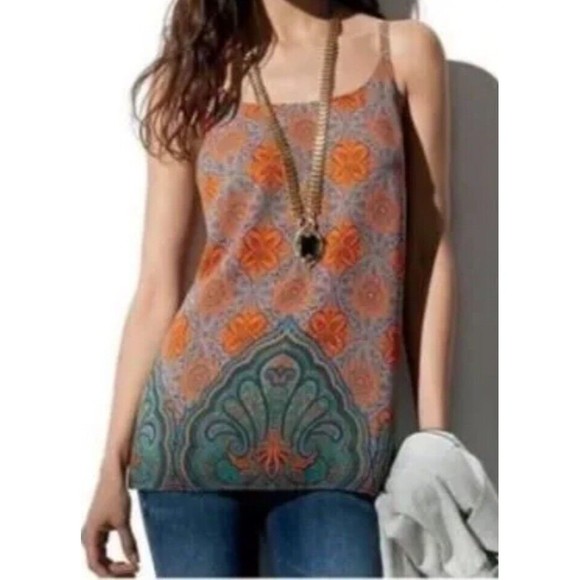 CABI Arabesque Paisley Spaghetti Straps Cami Tank Top #3082 / Orange / Small - Picture 1 of 10